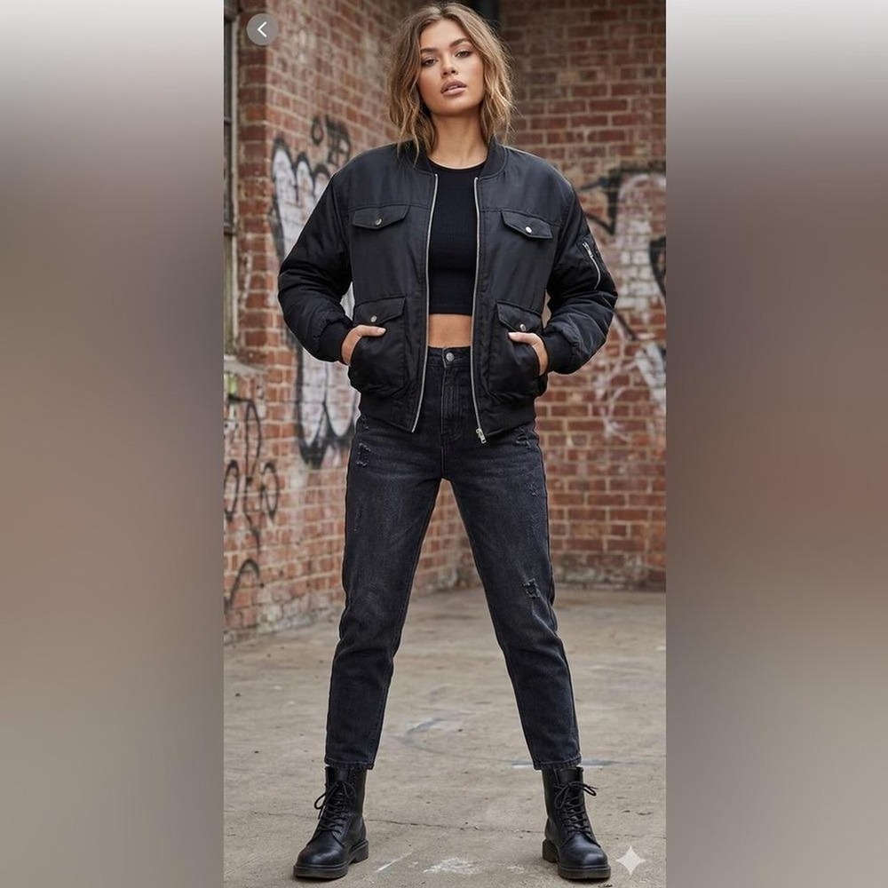 PrettyLittleThing Black Utility Bomber Jacket Satin Multi Pocket moto Zip USA 2